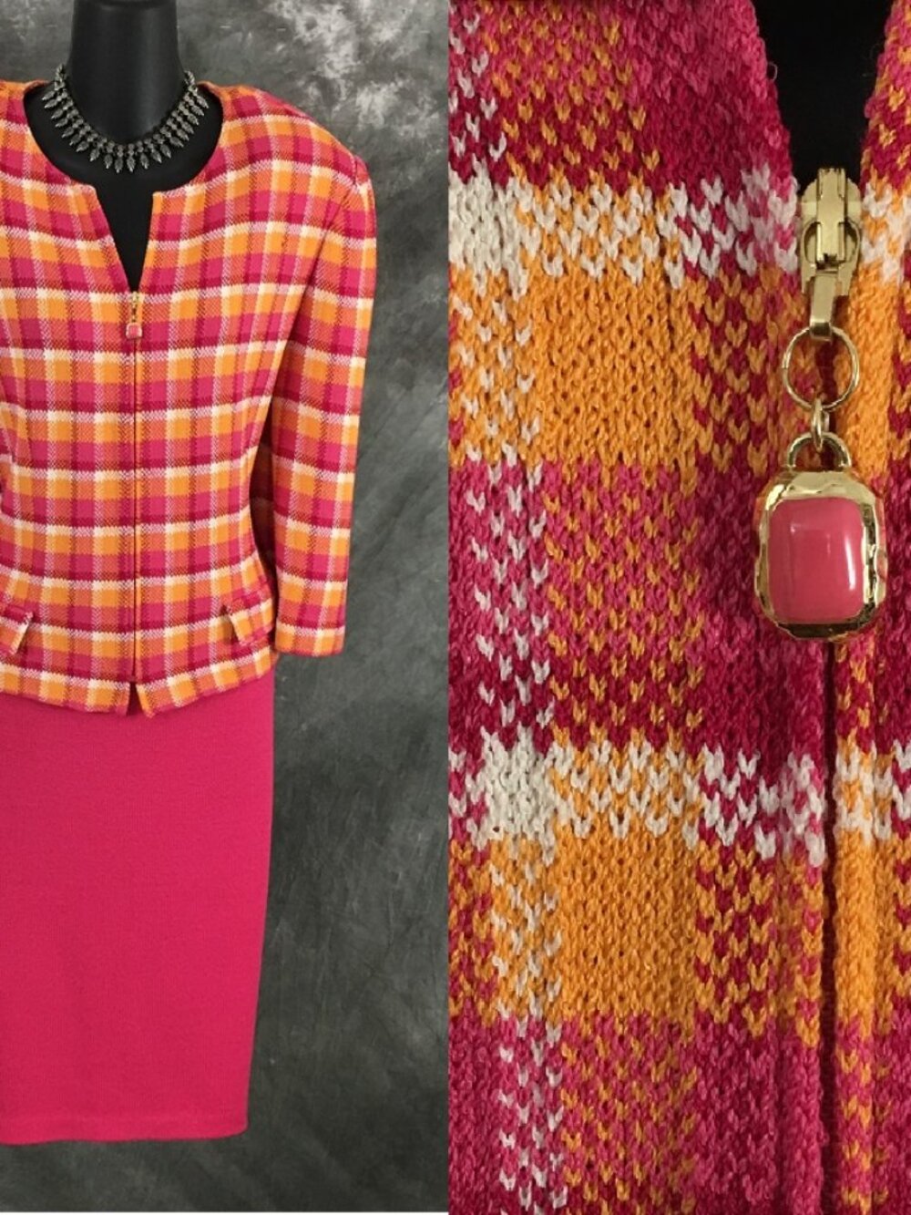 BEAUTIFUL St John collection knit pink multi jacket skirt suit 14